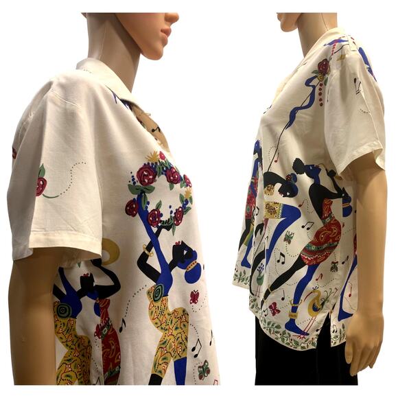 80s Rayon Shirt Colorful African Dancers Print | Women Short Sleeve | In Wear - Picture 9 of 10